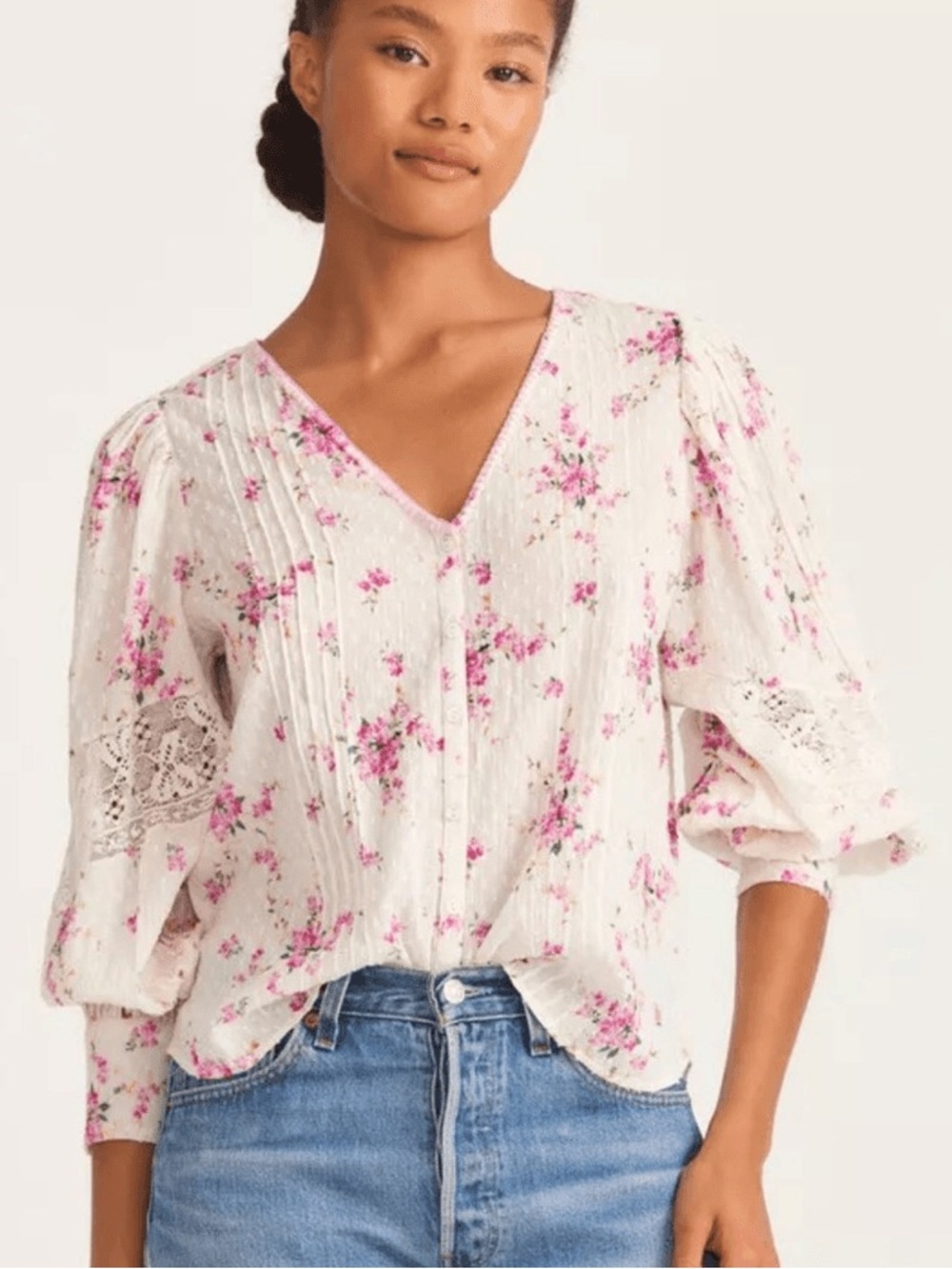 LoveShackFancy Merida Blouse Magenta Light Floral Cotton M